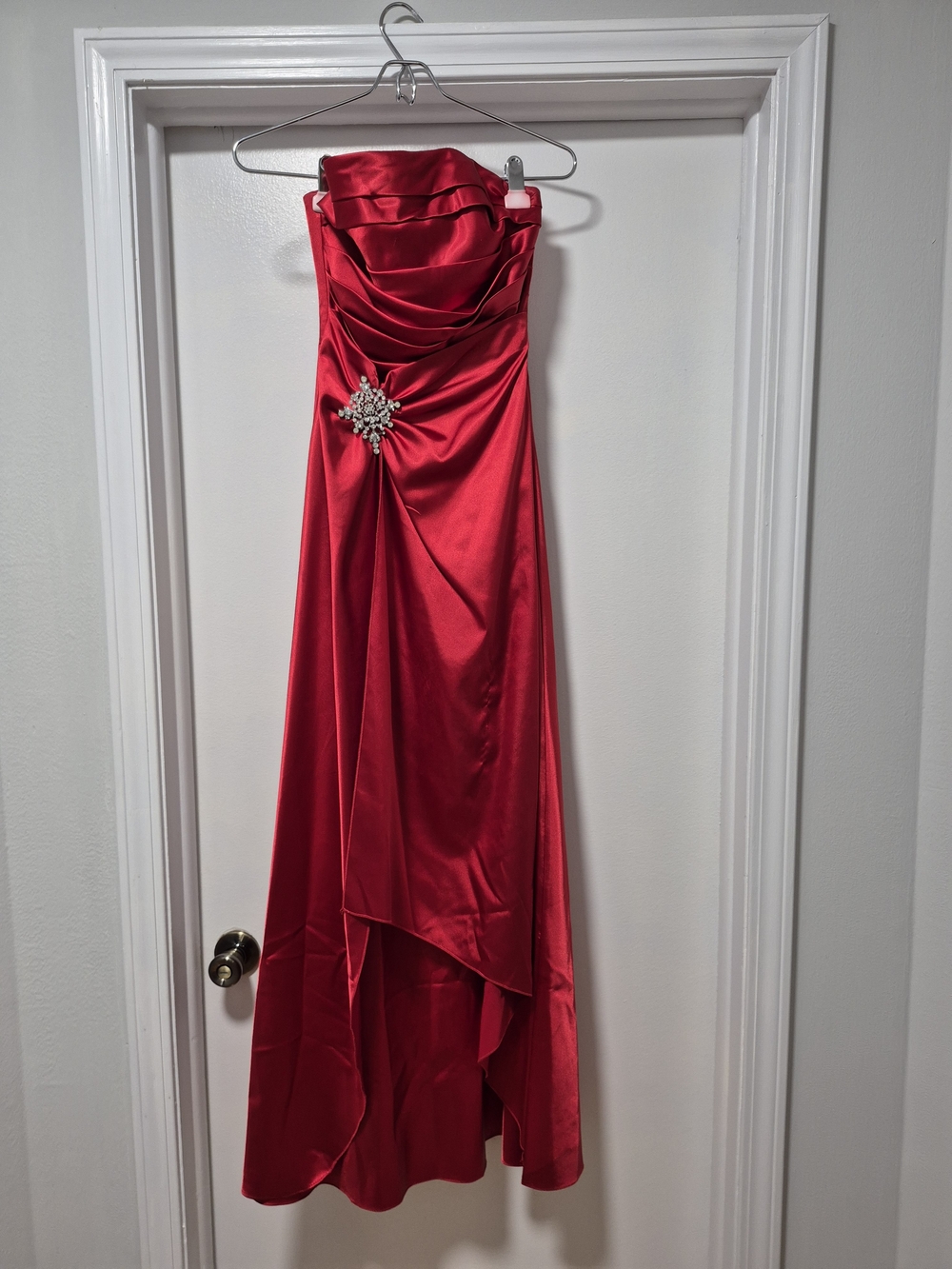Cinderella Strapless Red Satin Gown with Rhinestone Brooch